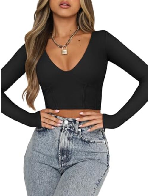 REORIA Women's Sexy Deep V Neck Double Lined Long Sleeve Y2K Going Out T Shirt Crop Top