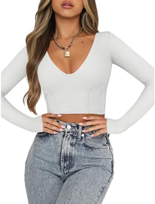 REORIA Women's Sexy Deep V Neck Double Lined Long Sleeve Y2K Going Out T Shirt Crop Top