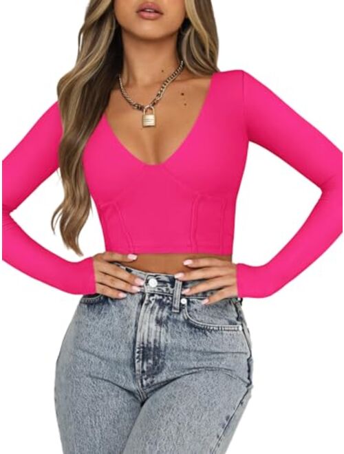 REORIA Women's Sexy Deep V Neck Double Lined Long Sleeve Y2K Going Out T Shirt Crop Top