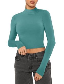 Women's Cute Mock Turtleneck Long Sleeve Ribbed Tight Tshirts Crop Tops