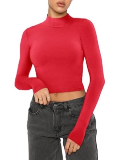 Women's Cute Mock Turtleneck Long Sleeve Ribbed Tight Tshirts Crop Tops