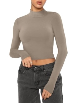 Women's Cute Mock Turtleneck Long Sleeve Ribbed Tight Tshirts Crop Tops