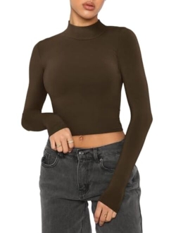 Women's Cute Mock Turtleneck Long Sleeve Ribbed Tight Tshirts Crop Tops