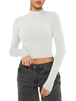 Women's Cute Mock Turtleneck Long Sleeve Ribbed Tight Tshirts Crop Tops