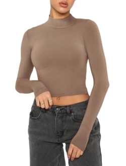 Women's Cute Mock Turtleneck Long Sleeve Ribbed Tight Tshirts Crop Tops