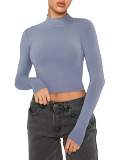 Women's Cute Mock Turtleneck Long Sleeve Ribbed Tight Tshirts Crop Tops