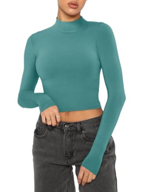 REORIA Women's Cute Mock Turtleneck Long Sleeve Ribbed Tight Tshirts Crop Tops