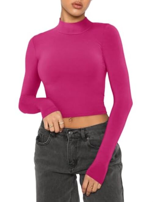 REORIA Women's Cute Mock Turtleneck Long Sleeve Ribbed Tight Tshirts Crop Tops