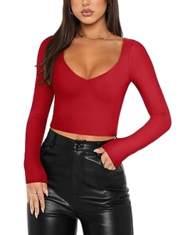 Women's Sexy V Neck Long Sleeve Slim Fitted Cropped T Shirts Fall Fashion Going Out Crop Tops