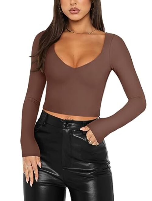 REORIA Women's Sexy V Neck Long Sleeve Slim Fitted Cropped T Shirts Fall Fashion Going Out Crop Tops