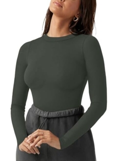 Women's Fashion Crew Neck Double lined Long Sleeve T Shirts Bodysuits Tops Jumpsuit