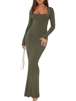 Women's Sexy Square Neck Long Sleeve Bodycon Maxi Dress Casual Ribbed Soft Lounge Dresses