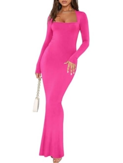 Women's Sexy Square Neck Long Sleeve Bodycon Maxi Dress Casual Ribbed Soft Lounge Dresses