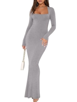 Women's Sexy Square Neck Long Sleeve Bodycon Maxi Dress Casual Ribbed Soft Lounge Dresses