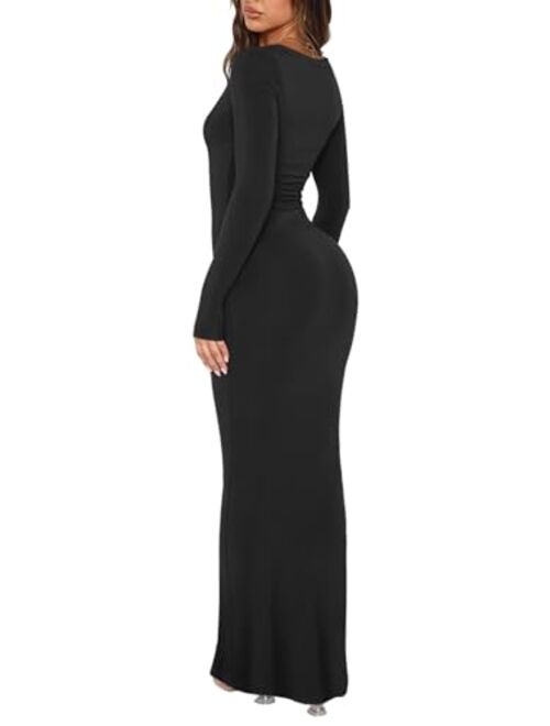 REORIA Women's Sexy Square Neck Long Sleeve Bodycon Maxi Dress Casual Ribbed Soft Lounge Dresses