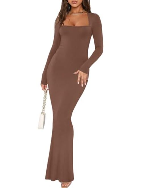 REORIA Women's Sexy Square Neck Long Sleeve Bodycon Maxi Dress Casual Ribbed Soft Lounge Dresses