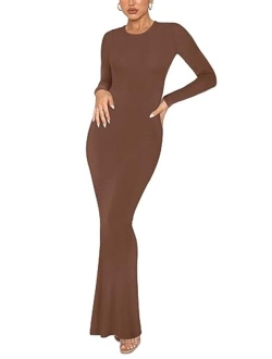 Women's Sexy Crew Neck Lounge Long Dress Elegant Long Sleeve Ribbed Bodycon Maxi Dresses