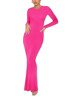 Women's Sexy Crew Neck Lounge Long Dress Elegant Long Sleeve Ribbed Bodycon Maxi Dresses