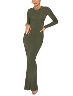 Women's Sexy Crew Neck Lounge Long Dress Elegant Long Sleeve Ribbed Bodycon Maxi Dresses