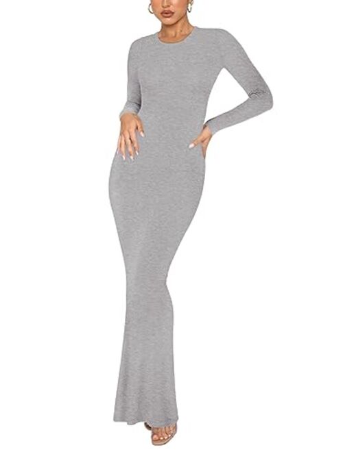 REORIA Women's Sexy Crew Neck Lounge Long Dress Elegant Long Sleeve Ribbed Bodycon Maxi Dresses