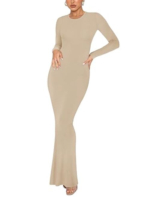 REORIA Women's Sexy Crew Neck Lounge Long Dress Elegant Long Sleeve Ribbed Bodycon Maxi Dresses