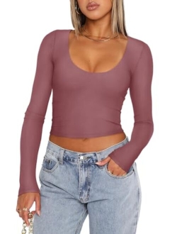 Women's Casual Scoop Neck Double Lined Long Sleeve Slim Fitted Tshirts Y2K Workout Crop Tops