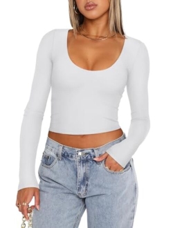 Women's Casual Scoop Neck Double Lined Long Sleeve Slim Fitted Tshirts Y2K Workout Crop Tops