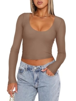 Women's Casual Scoop Neck Double Lined Long Sleeve Slim Fitted Tshirts Y2K Workout Crop Tops