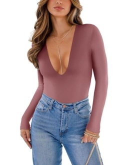 Women's Sexy Plunge Deep V Neck Long Sleeve Bodysuit Double Lined Going Out T Shirt Tops