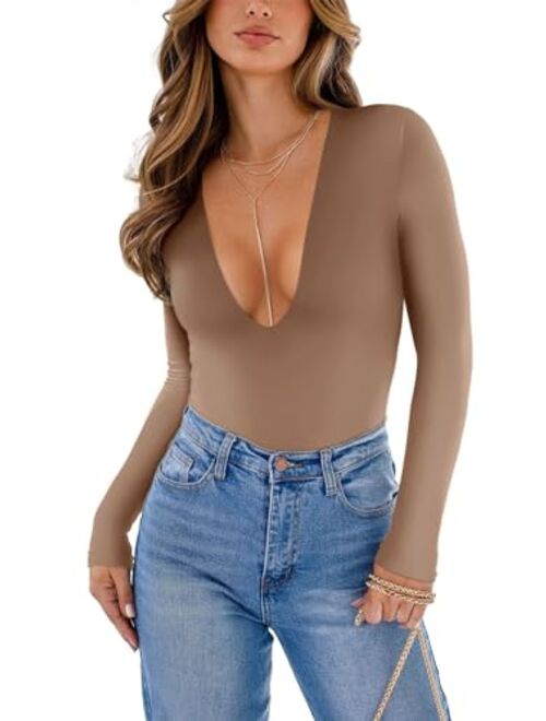 REORIA Women's Sexy Plunge Deep V Neck Long Sleeve Bodysuit Double Lined Going Out T Shirt Tops