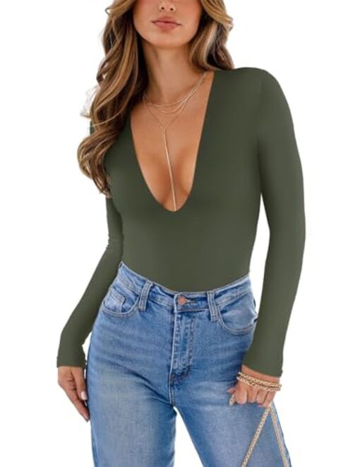 REORIA Women's Sexy Plunge Deep V Neck Long Sleeve Bodysuit Double Lined Going Out T Shirt Tops