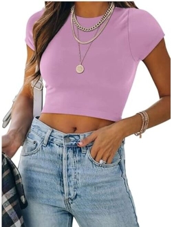 Women's Cute Short Sleeve High Neck Double Lined Tight T Shirts Crop Tops Tees