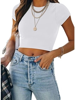 Women's Cute Short Sleeve High Neck Double Lined Tight T Shirts Crop Tops Tees