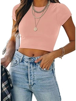 Women's Cute Short Sleeve High Neck Double Lined Tight T Shirts Crop Tops Tees