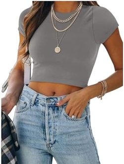 Women's Cute Short Sleeve High Neck Double Lined Tight T Shirts Crop Tops Tees