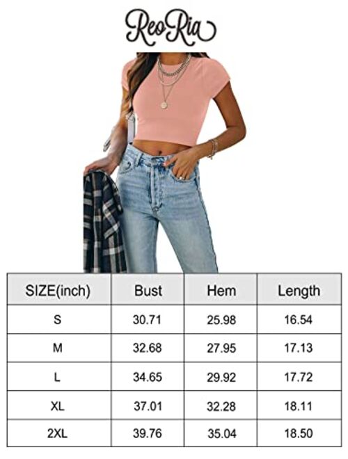 REORIA Women's Cute Short Sleeve High Neck Double Lined Tight T Shirts Crop Tops Tees