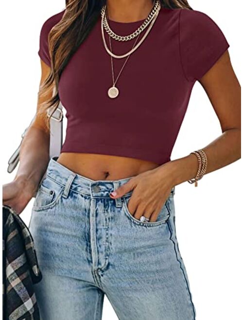 REORIA Women's Cute Short Sleeve High Neck Double Lined Tight T Shirts Crop Tops Tees