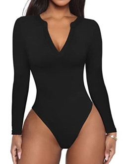 Women's Casual Sexy V Neck Long Sleeve Work Ribbed Fitted Thong Bodysuit Tops