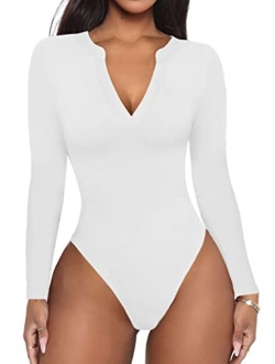 Women's Casual Sexy V Neck Long Sleeve Work Ribbed Fitted Thong Bodysuit Tops