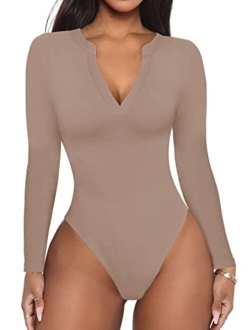 Women's Casual Sexy V Neck Long Sleeve Work Ribbed Fitted Thong Bodysuit Tops