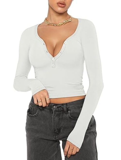 REORIA Women Sexy Long Sleeve Henley T Shirts V Neck Button up Casual Basic Y2K Slim Fitted Ribbed Knit Crop Tops