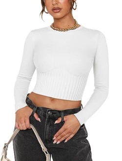 Women's Trendy Fall Crew Neck Cropped Sweater Long Sleeve Ribbed Knit Pullover Basic Crop Tops