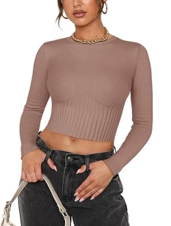 Women's Trendy Fall Crew Neck Cropped Sweater Long Sleeve Ribbed Knit Pullover Basic Crop Tops