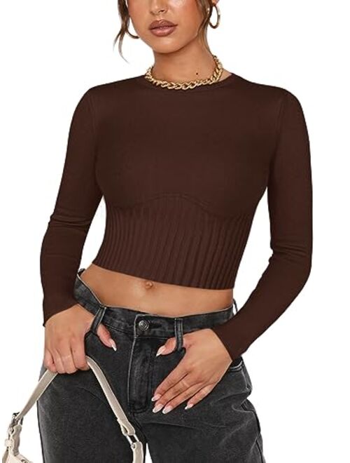 REORIA Women's Trendy Fall Crew Neck Cropped Sweater Long Sleeve Ribbed Knit Pullover Basic Crop Tops