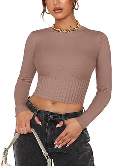 REORIA Women's Trendy Fall Crew Neck Cropped Sweater Long Sleeve Ribbed Knit Pullover Basic Crop Tops