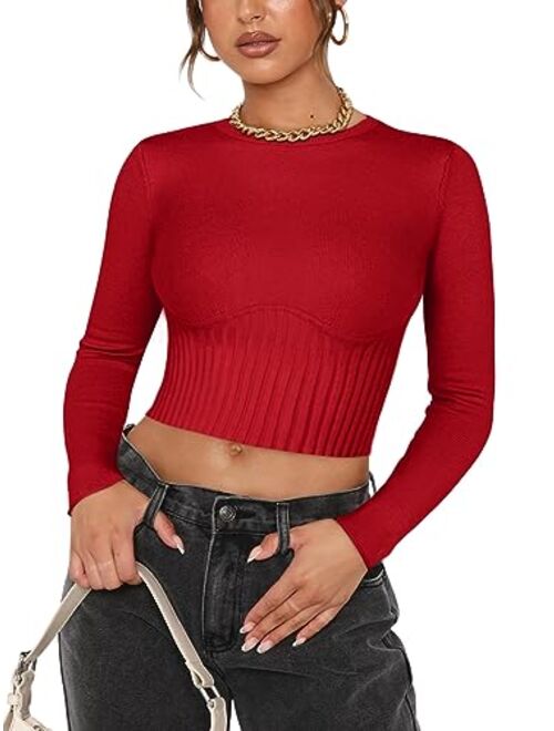 REORIA Women's Trendy Fall Crew Neck Cropped Sweater Long Sleeve Ribbed Knit Pullover Basic Crop Tops