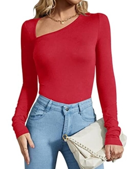 Women's Classy Asymmetrical Neck Long Sleeve Ribbed Slimming Thong Bodysuit Tops