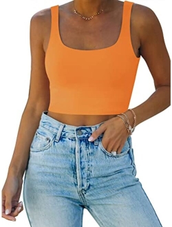 Womens Sexy Square Neck Double Lined Seamless Sleeveless Cropped Tank Yoga Crop Tops