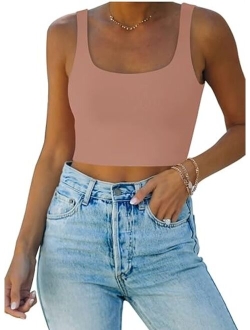 Womens Sexy Square Neck Double Lined Seamless Sleeveless Cropped Tank Yoga Crop Tops