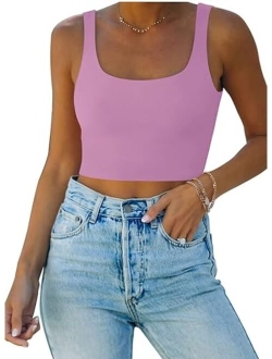 Womens Sexy Square Neck Double Lined Seamless Sleeveless Cropped Tank Yoga Crop Tops